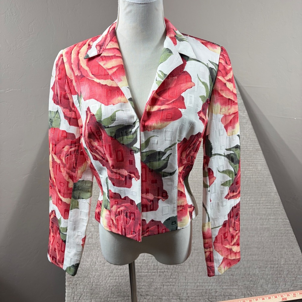 Alberto Makali Red Rose Floral Jacquard Blazer Jacket Size 10 Made in USA